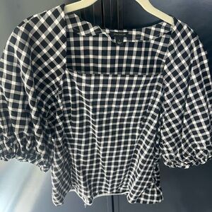 Ann Taylor Black & White Gingham Puff Sleeve Blouse